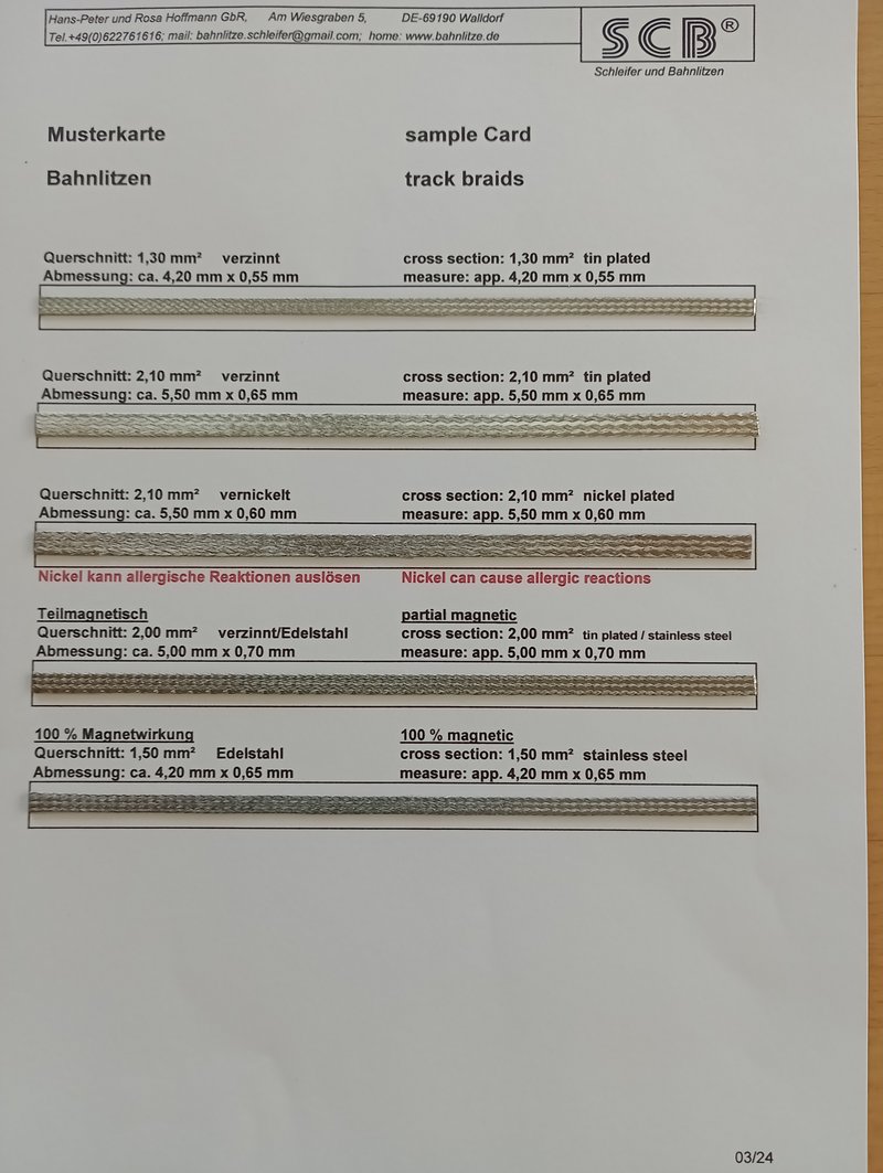 Musterkarte mit 5 Bahnlitzen